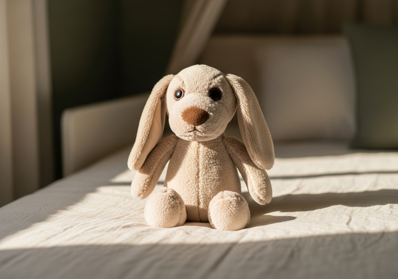 Snugglio — ręcznie szyty beżowy piesek obciążeniowy na łóżku